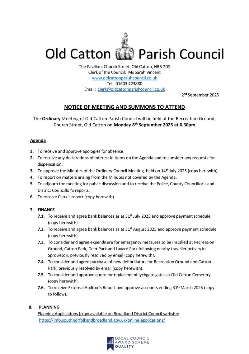 Ordinary Meeting of Old Catton Parish Council 8th September 2025