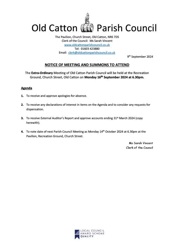 Extra-Ordinary Meeting of Old Catton Parish Council 16th September 2024