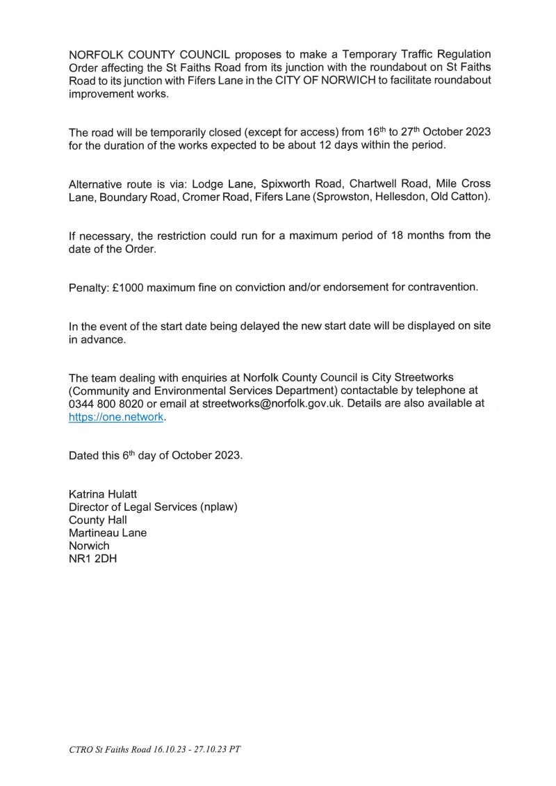 Road Closure - St Faiths Road Roundabout - 16th October 2023
