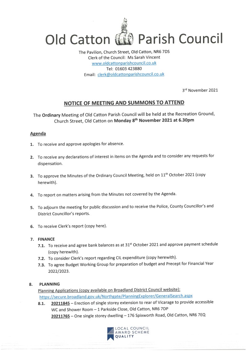 Ordinary Meeting of Old Catton Parish Council 8th November 2021