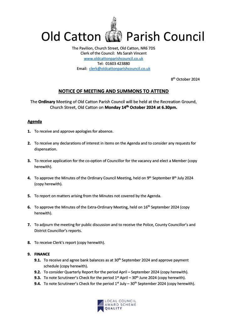 Ordinary Meeting of Old Catton Parish Council 14th October 2024