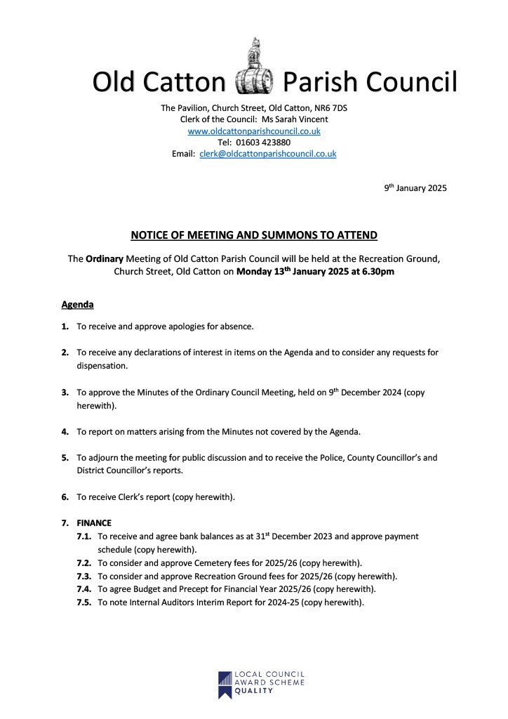 Ordinary Meeting of Old Catton Parish Council 13th January 2025