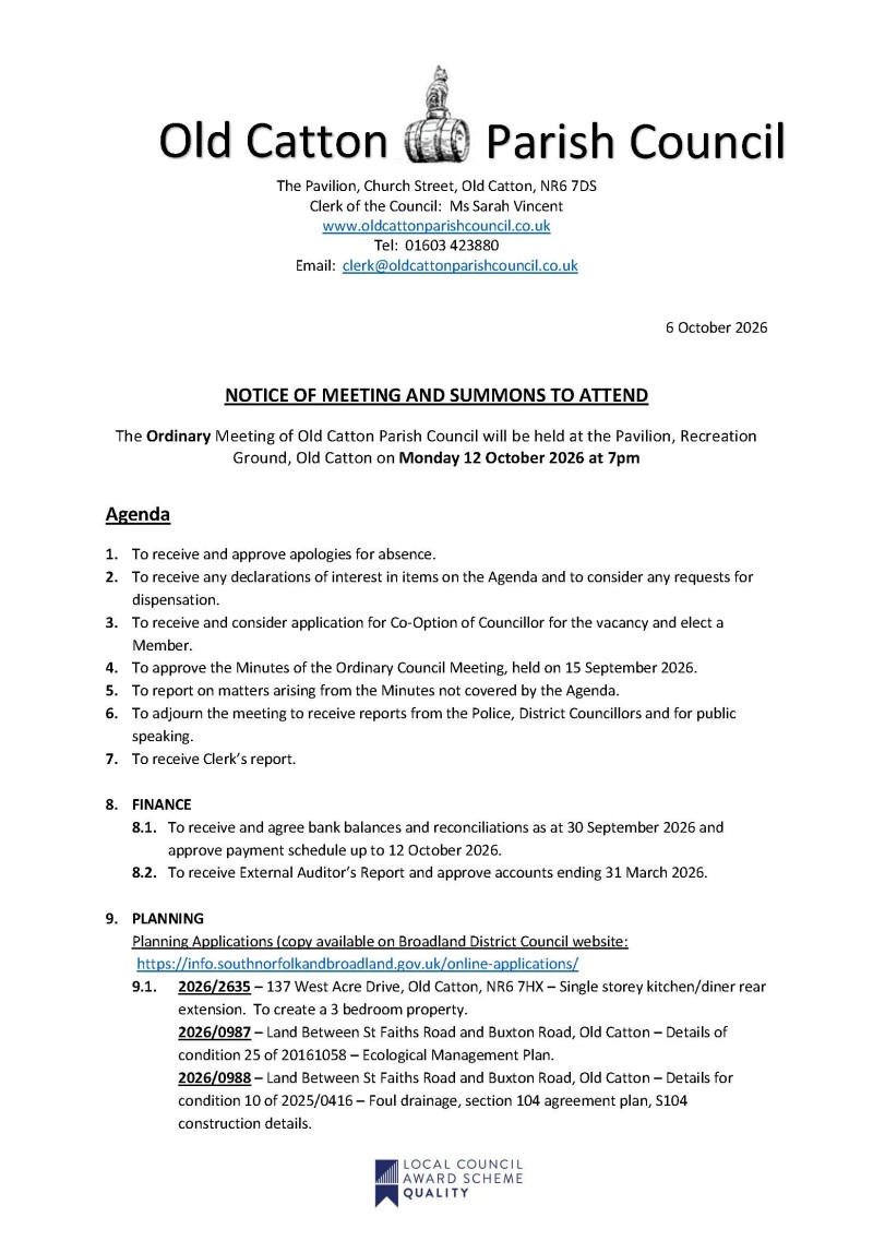 Ordinary Meeting of Old Catton Parish Council 12 October 2026