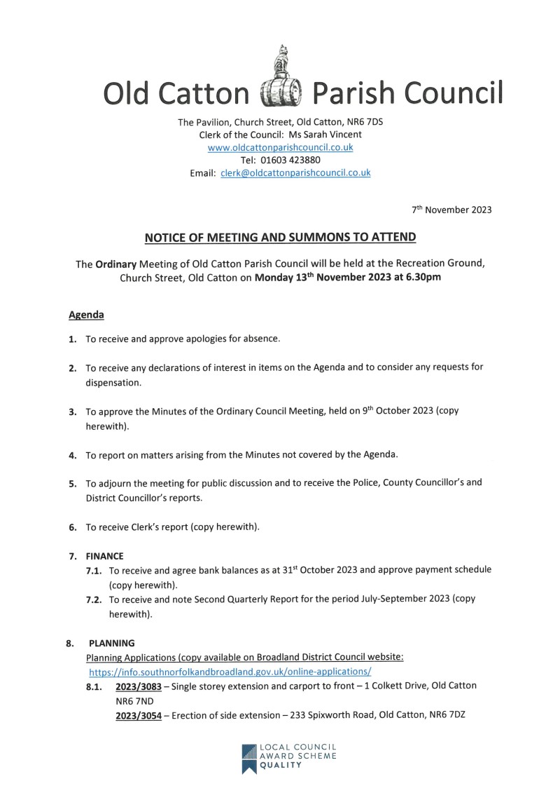 Ordinary Meeting of Old Catton Parish Council 13th November 2023 
