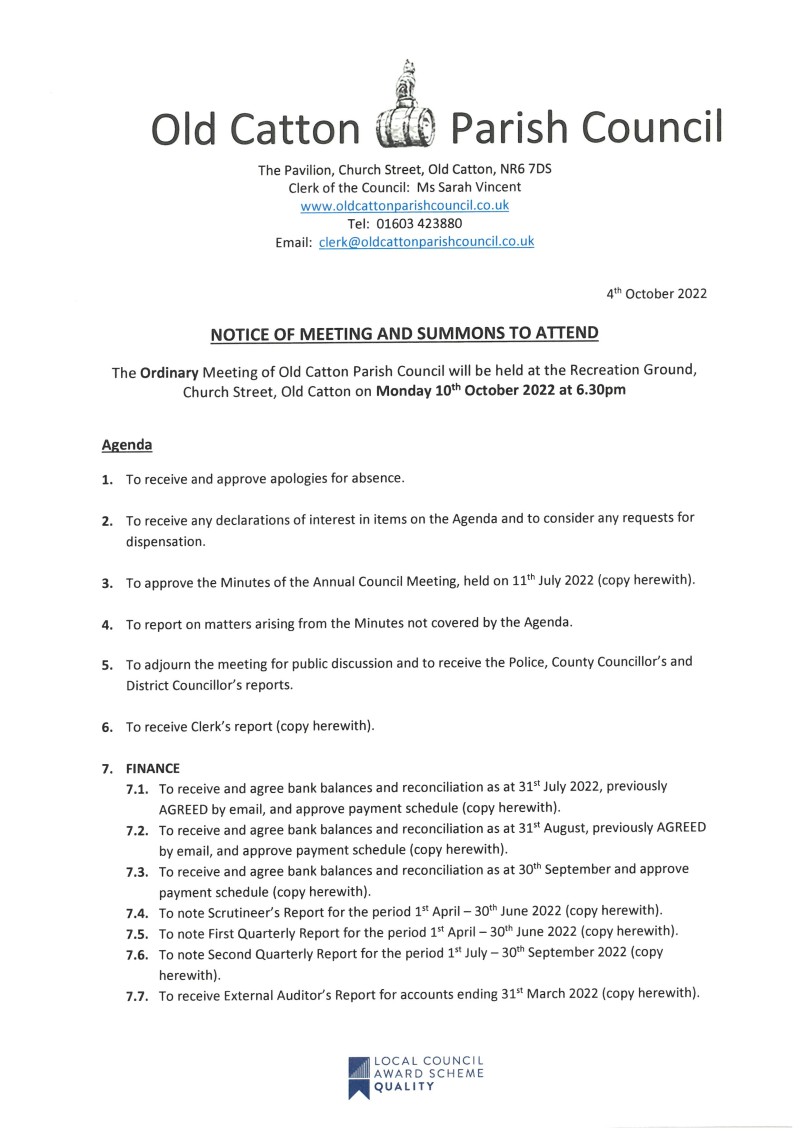 Ordinary Meeting of Old Catton Parish Council 10th October 2021