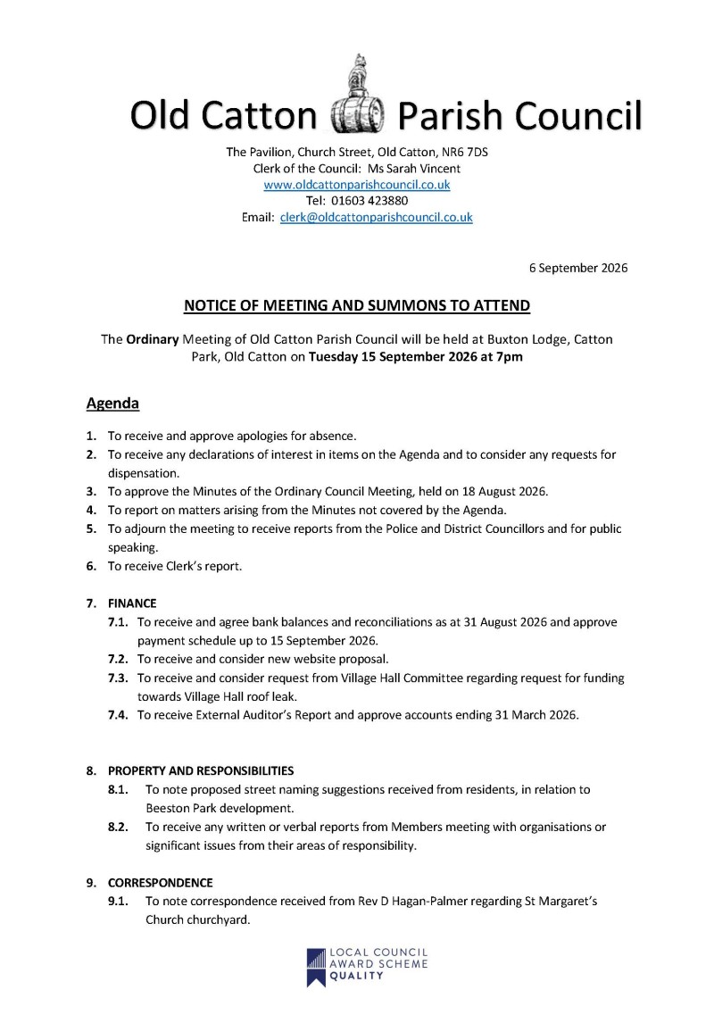Ordinary Meeting of Old Catton Parish Council 15 September 2026