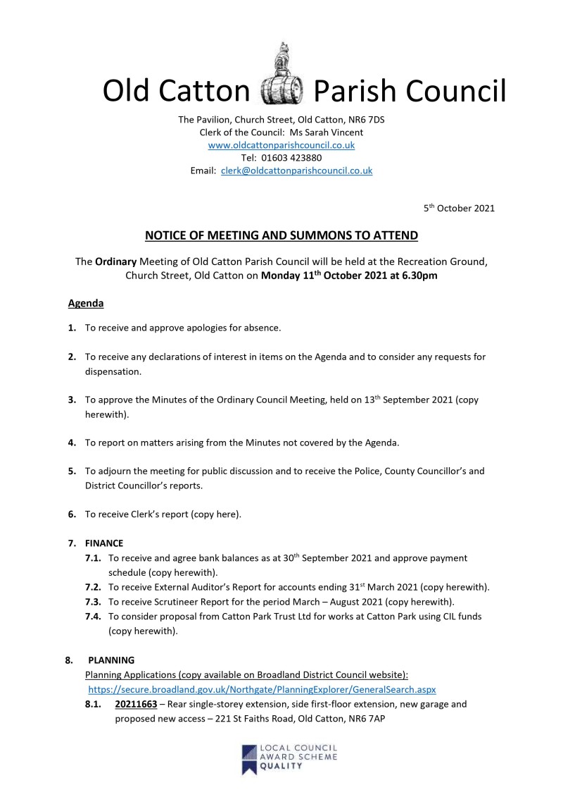 Ordinary Meeting of Old Catton Parish Council on Monday 11th October 2021