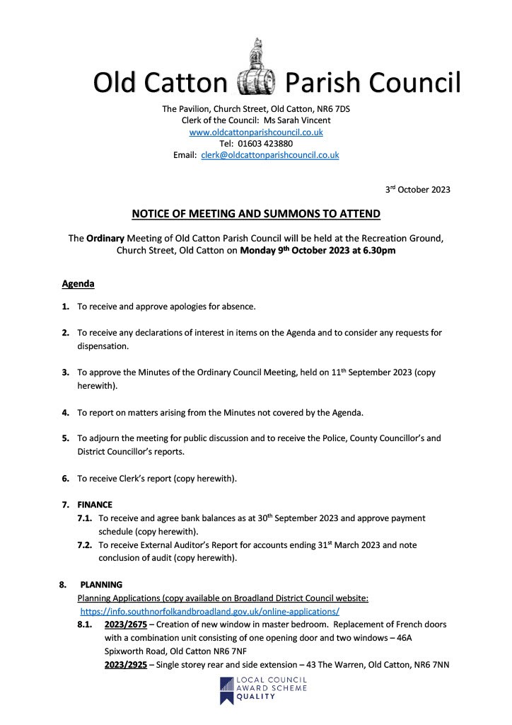 Ordinary Meeting of Old Catton Parish Council 9th October 2023