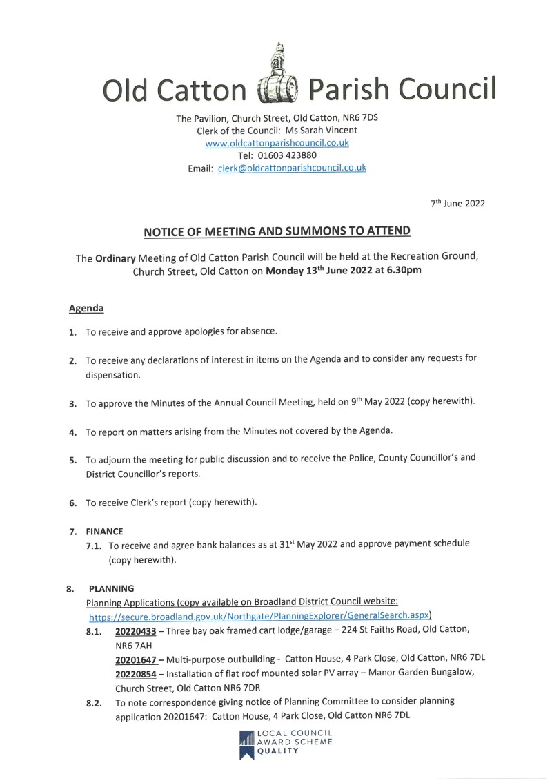 Ordinary Meeting of Old Catton Parish Council 13th June 2022
