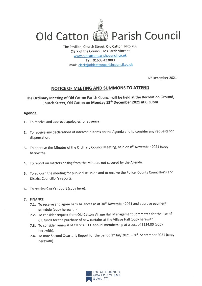 Ordinary Meeting of Old Catton Parish Council on Monday 13th December 2021