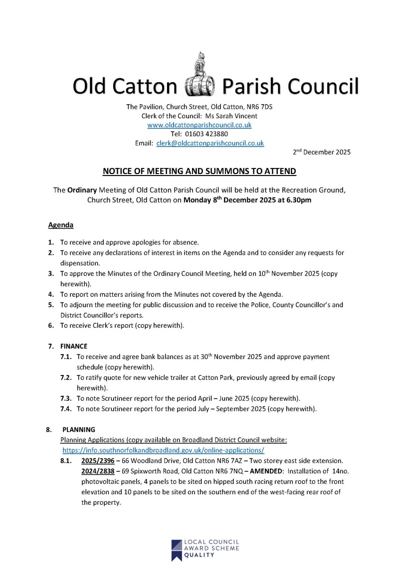 Ordinary Meeting of Old Catton Parish Council 8th December 2025