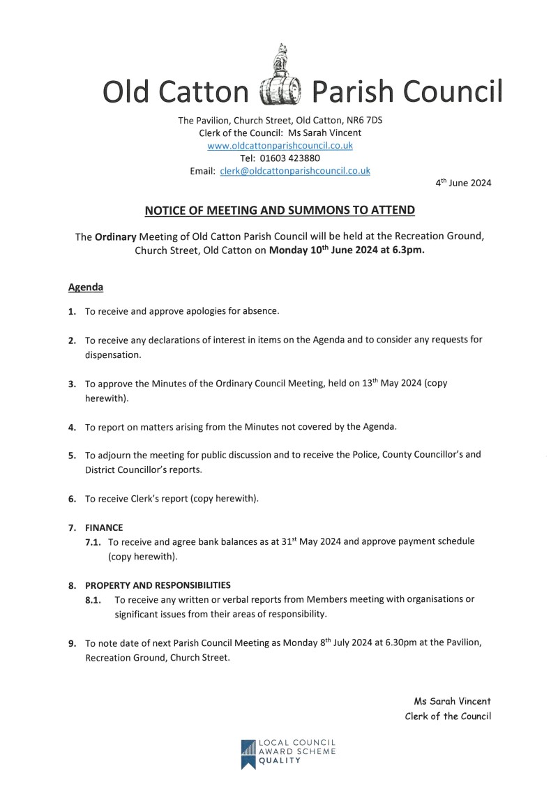 Ordinary Meeting of Old Catton Parish Council 10th June 2024