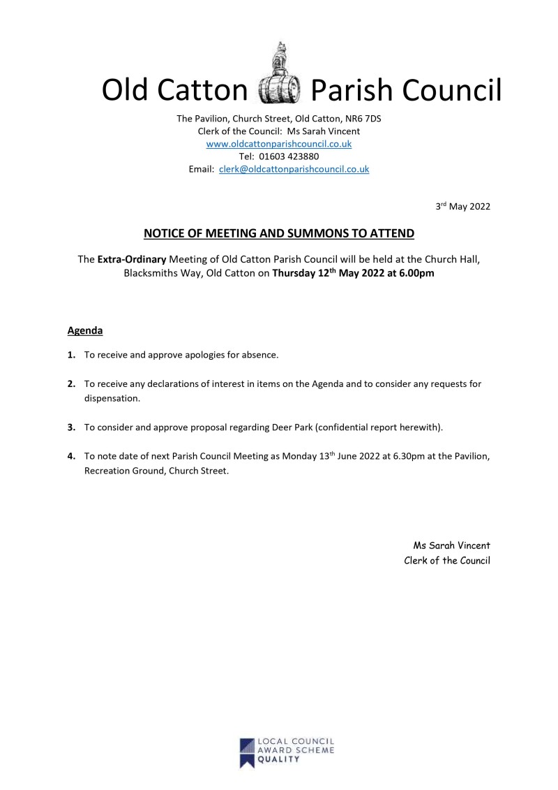 Extra-Ordinary Meeting of Old Catton Parish Council 12th May 2022
