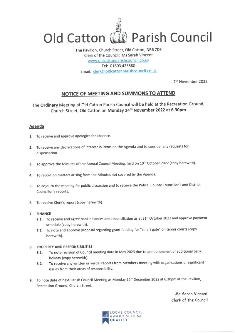 Ordinary Meeting of Old Catton Parish Council 14th November 2022