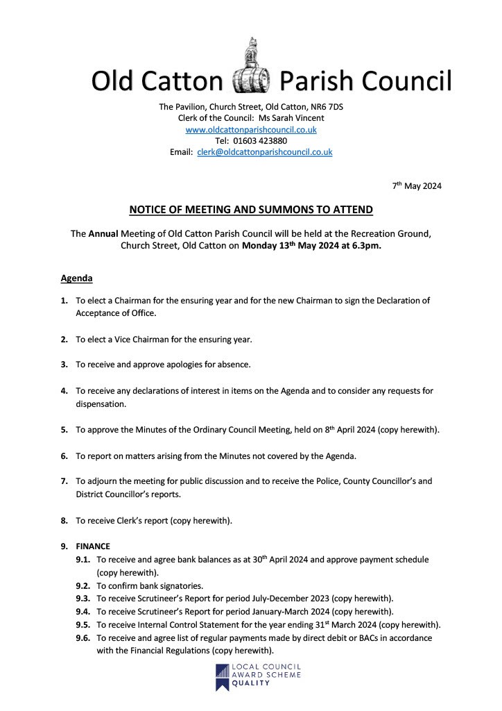 Annual Meeting of Old Catton Parish Council 13th May 2024