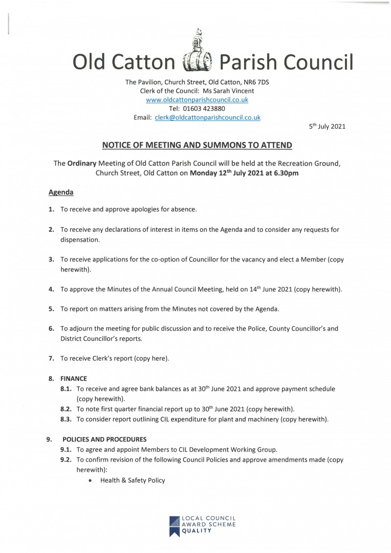Ordinary Meeting of Old Catton Parish Council 12th July 2021