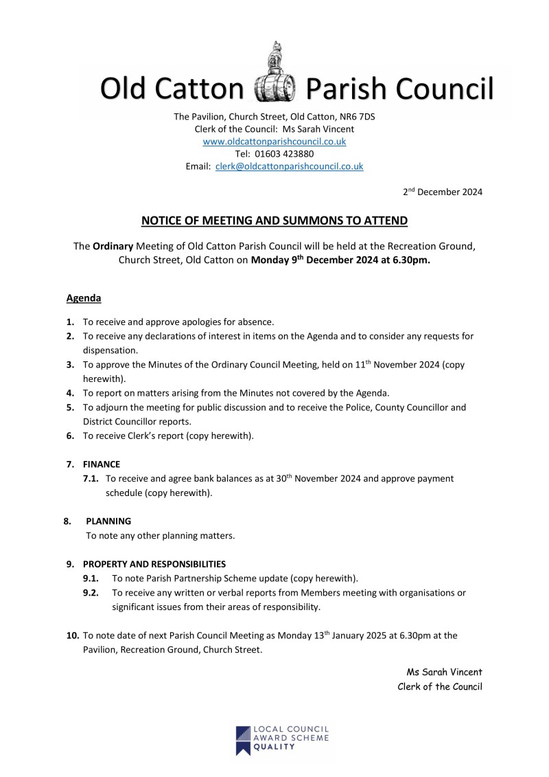 Ordinary Meeting of Old Catton Parish Council 9th December 2024