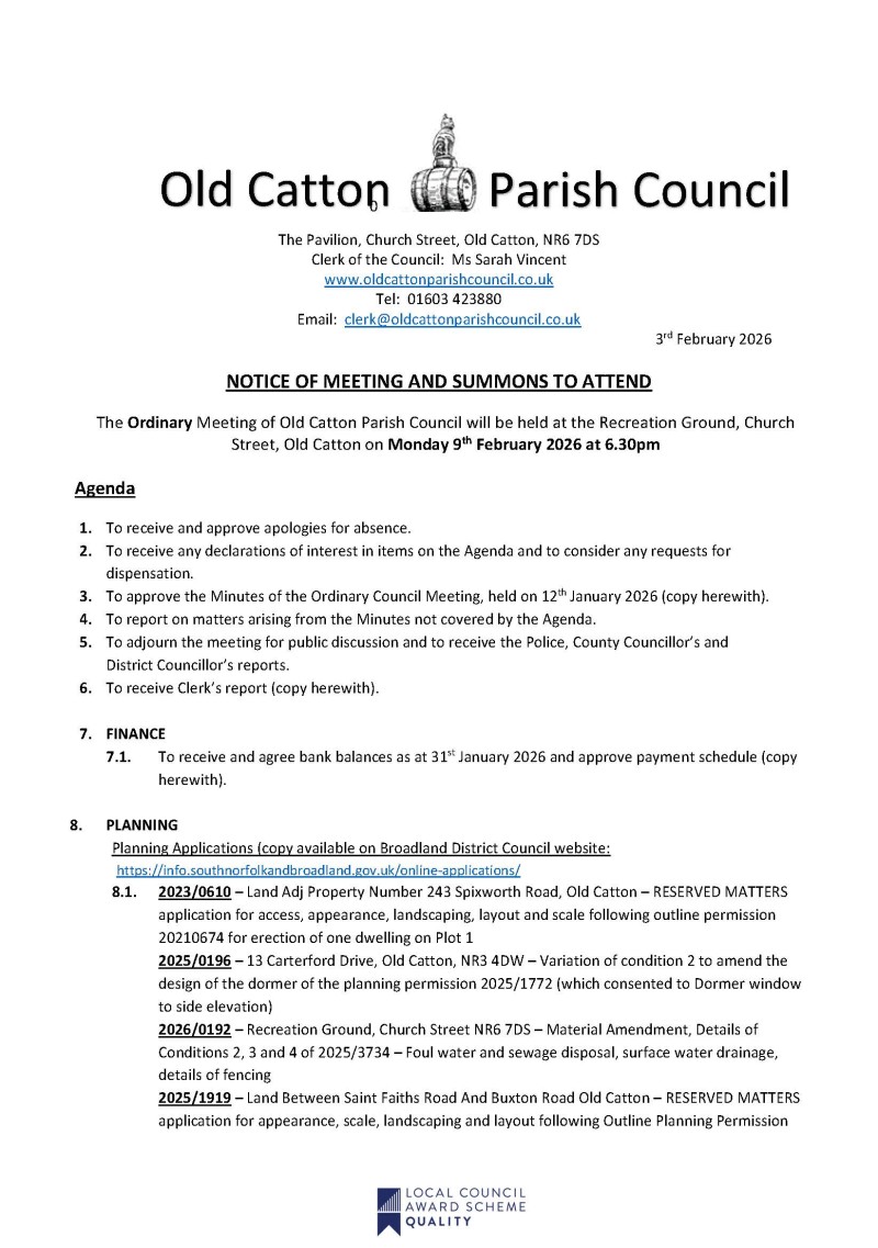 Ordinary Meeting of Old Catton Parish Council 9th February 2026