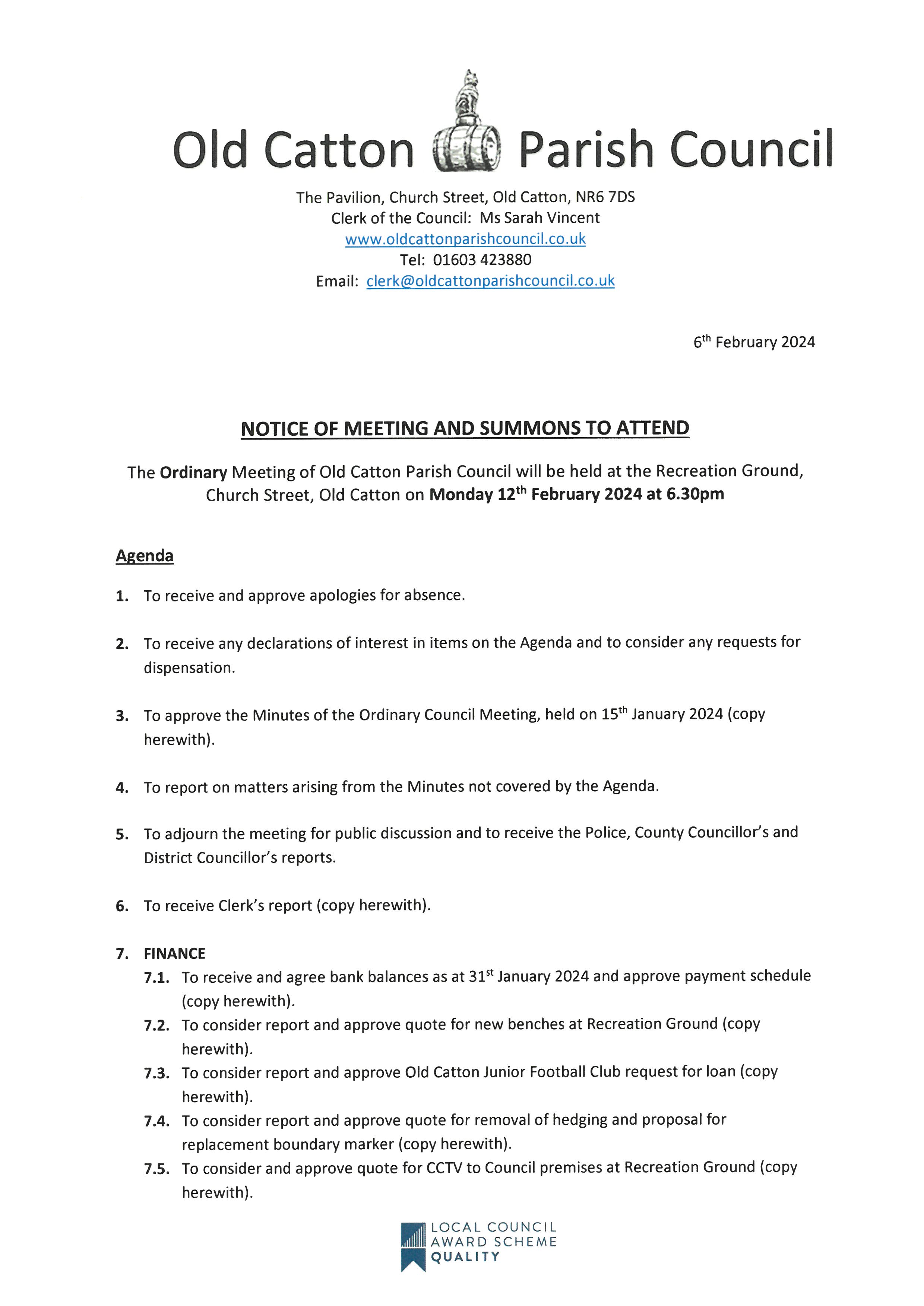 Ordinary Meeting of Old Catton Parish Council 12th February 2024