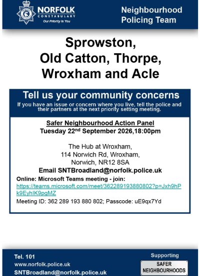 22/09/2026 at 18:00pm Safer Neighbourhood Action Panel (SNAP); The Hub at Wroxham, 114 Norwich Rd, Wroxham, Norwich, NR12 8SA