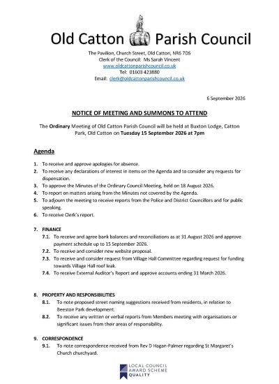 Ordinary Meeting of Old Catton Parish Council 15 September 2026