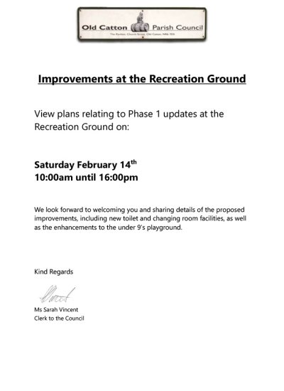 Recreation Ground Phase 1 Improvements - February 14th 10:00am to 16:00pm