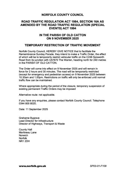 Remembrance Sunday November 9th - Road Closure