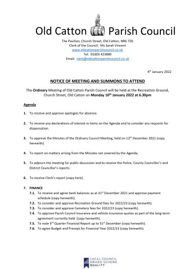 Ordinary Meeting of Old Catton Parish Council on Monday 10th January 2022