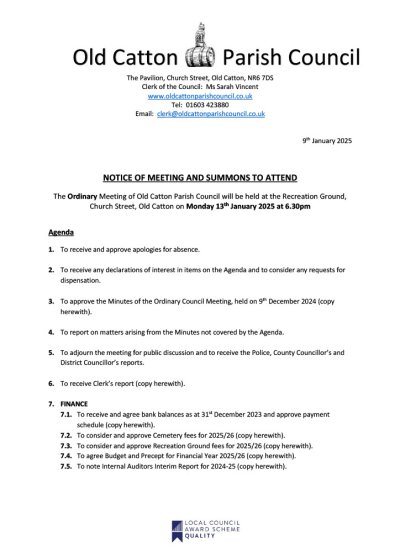 Ordinary Meeting of Old Catton Parish Council 13th January 2025