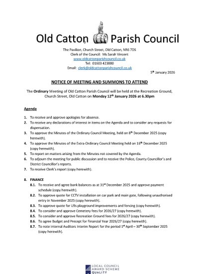 Ordinary Meeting of Old Catton Parish Council 12th January 2026
