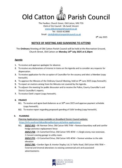 Ordinary Meeting of Old Catton Parish Council 14th July 2025