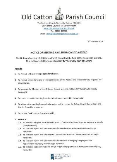 Ordinary Meeting of Old Catton Parish Council 12th February 2024