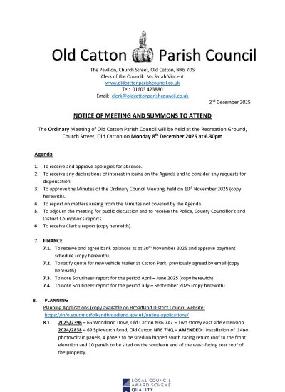 Ordinary Meeting of Old Catton Parish Council 8th December 2025