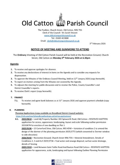 Ordinary Meeting of Old Catton Parish Council 9th February 2026