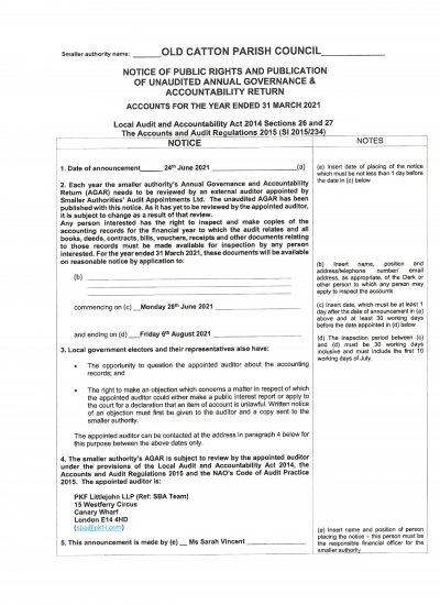 Notice of Public Rights and Publication of Unaudited Annual Governance & Accountability Return